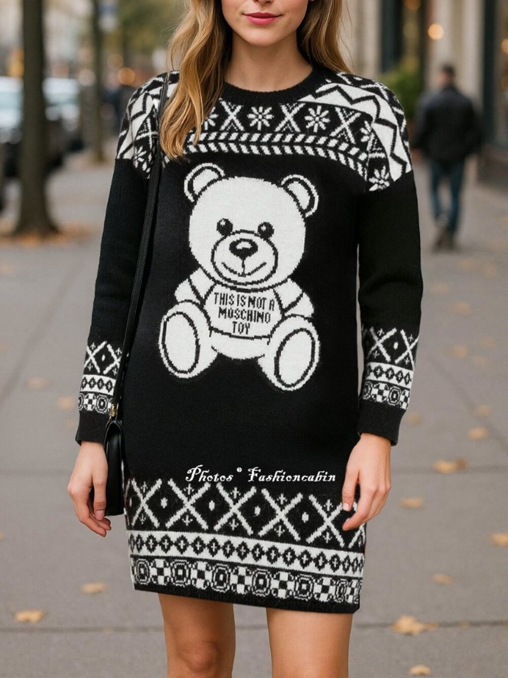 NWT Moschino Teddy Bear Logo Design Cozy Sweater Dress, Black, Small